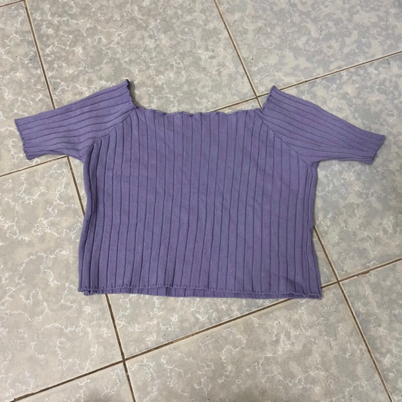 Áo len trễ vai tiểu thư tím pastel croptop freesize 79243