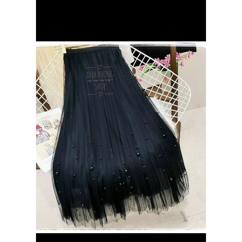 chân váy voan lưới đính ngọc trai 2 màu đen nâu 529564
