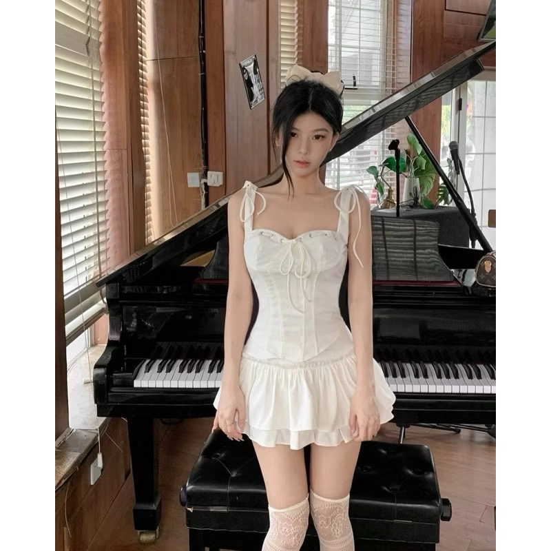 (Pass đồ) Set Áo Hai Dây Thắt Nơ Kèm Chân Váy Xếp Tầng Viền Eo TIBU Set Đồ Nữ Tiểu Thư Ôm  508909