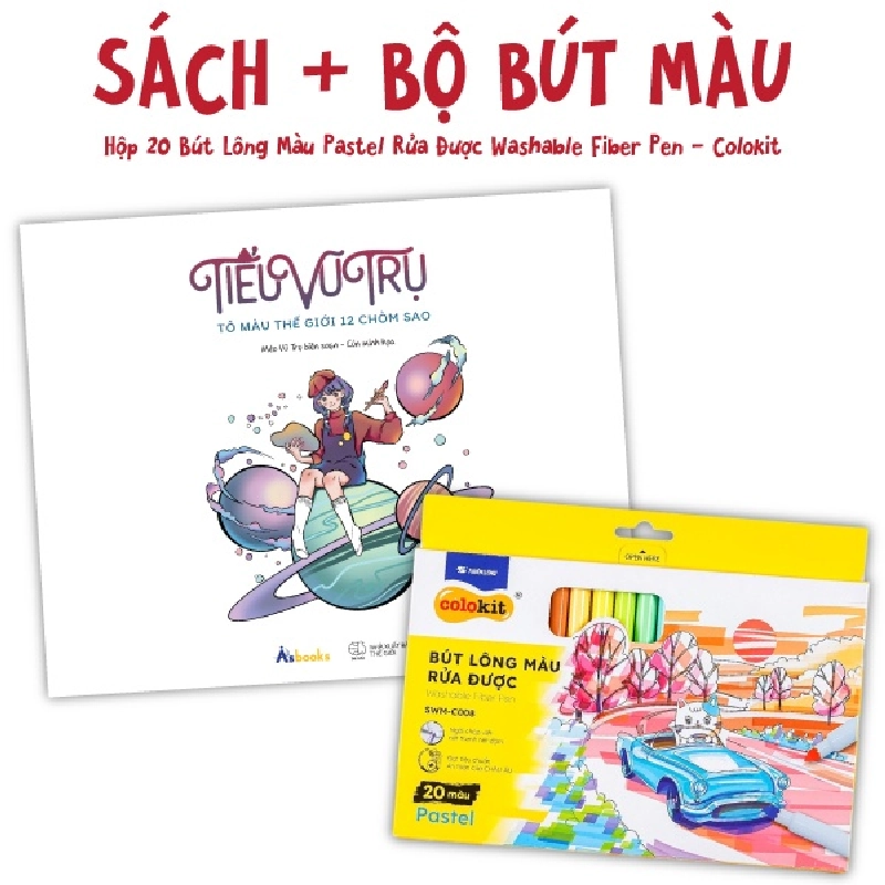 Combo Sách Tiểu Vũ Trụ - Tô Màu Thế Giới 12 Chòm Sao + Hộp 20 Bút Lông Màu Pastel Rửa Được Washable Fiber Pen - Colokit SWM-C008 (2021) - Mèo Vũ Trụ, Cún 743299