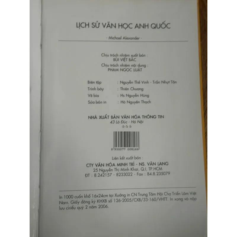 Lịch Sử Văn Học Anh Quốc - Michael Alexander (NXB Văn Lang, bìa cứng giấy láng) 733542
