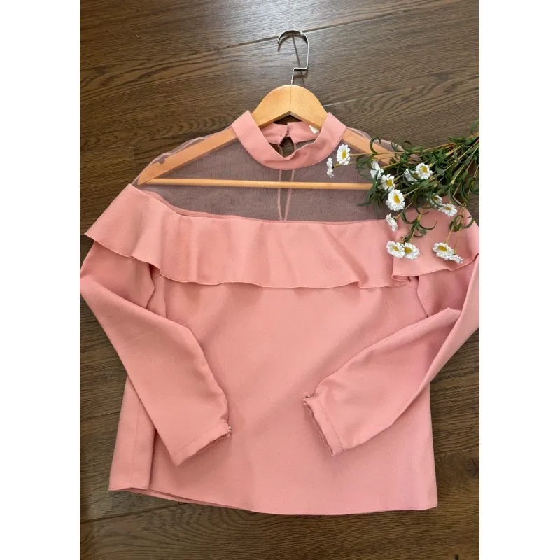 Áo nữ chiffon phối lưới màu hồng size S 778766