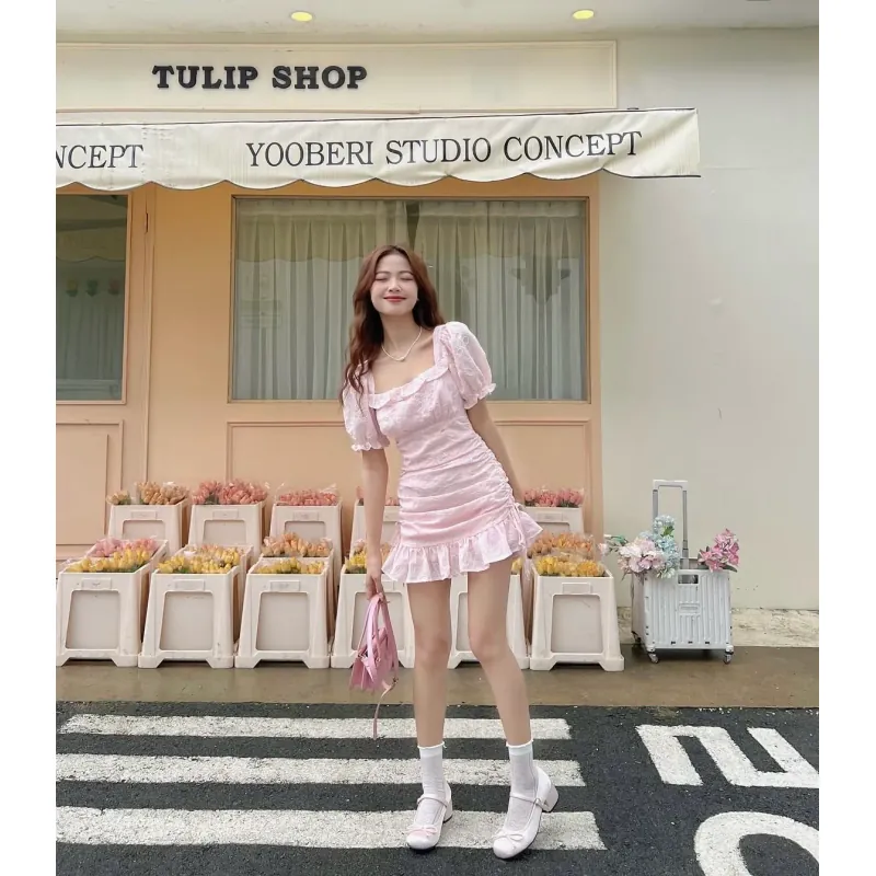 Váy nữ chiffon ngắn cổ Vuông tay bồng màu Hồng nhạt 749418