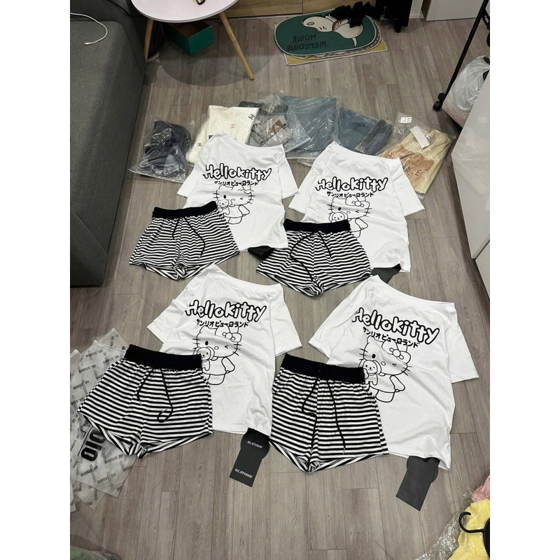 Set áo trễ vai và quần kẻ 529687