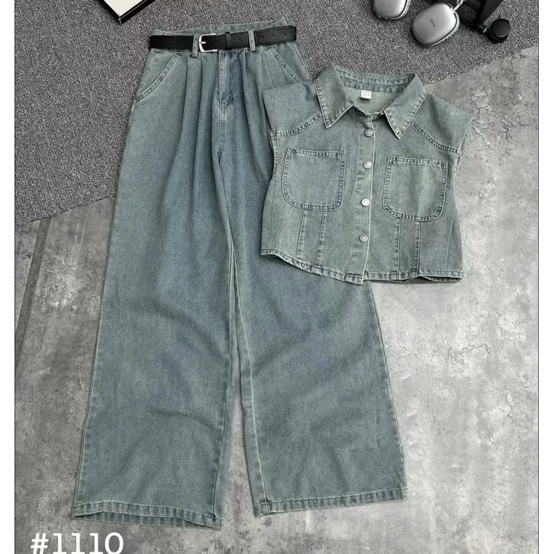 Set áo croptop cổ vest kèm quần ống rộng lưng cao – Freesize 443456