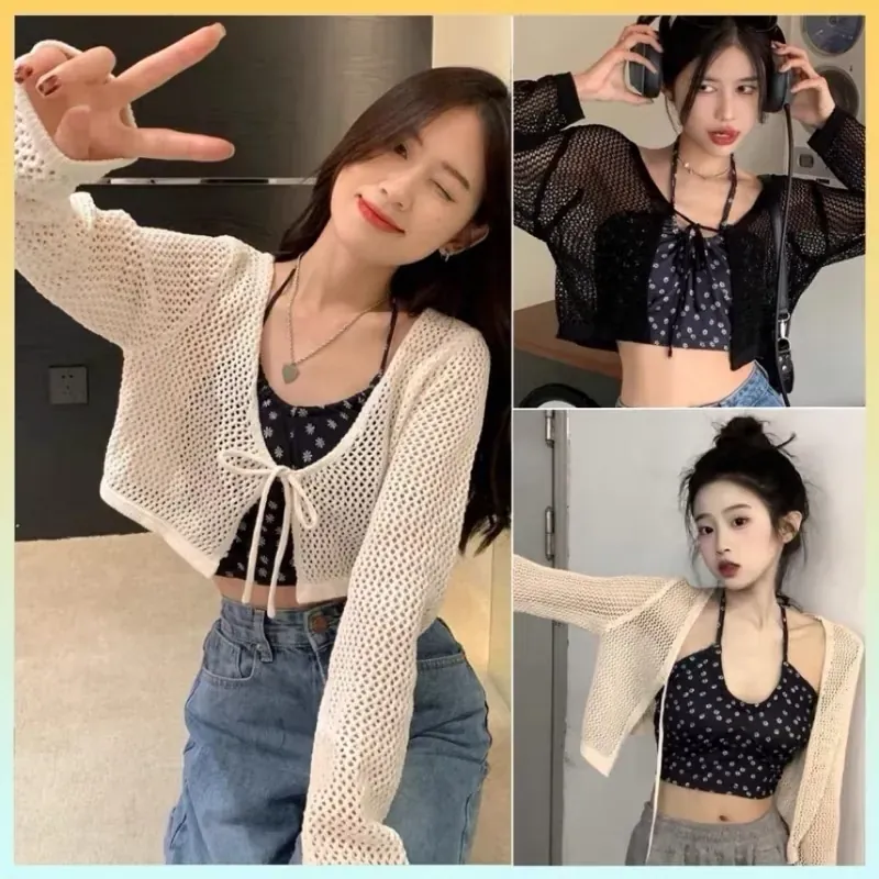 Áo khoác lưới cardigan cột dây phong cách mua hè, kèm áo 2 dây thun basic 1008139