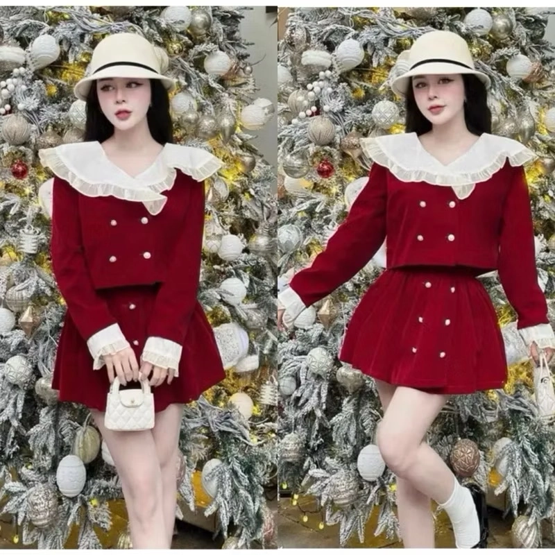 Set nhung đỏ tay dài phối ren dễ thương ,size L 454801