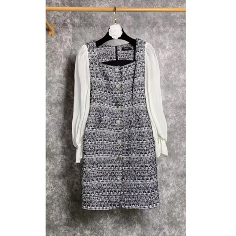 Đầm dạ tweed phối lụa siêu sang ảnh thật size M (S mặc được) 387106