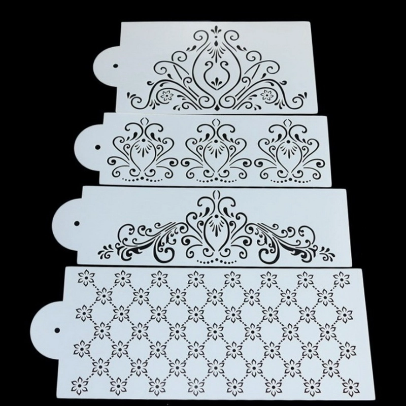 Bộ 4 khuôn rắc bột Stencil trang trí bánh, làm viền rau câu, hoa văn kiểu Hàn Quốc 223189