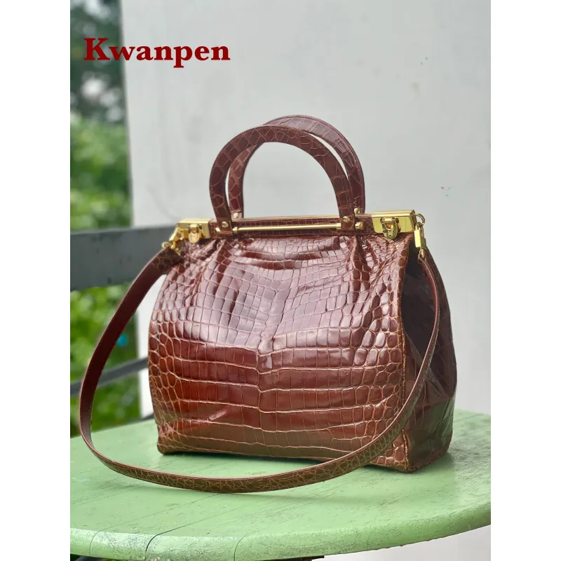 Kwanpen Túi xách nữ da cá sấu cao cấp màu nâu đỏ hàng hiệu 974438