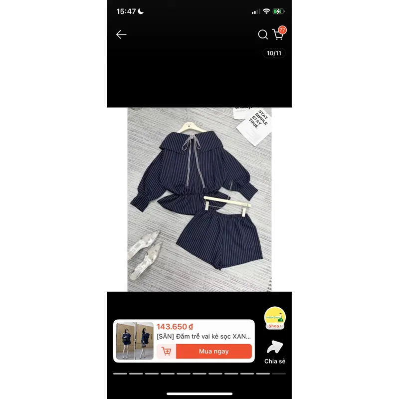 set quần kèm áo trễ vai kẻ sọc xanh than 597648