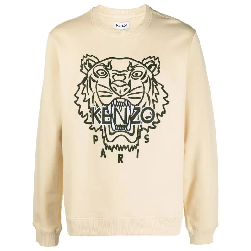 Áo sweatshirt Kenzo tay dài thêu đầu hổ màu vàng kem 760776