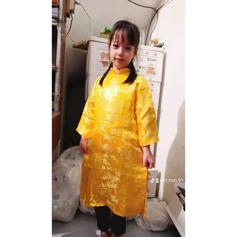 Trang phục truyền thống áo dài nữ vàng kim loại phối họa tiết hoa - Kích thước phù hợp 716922