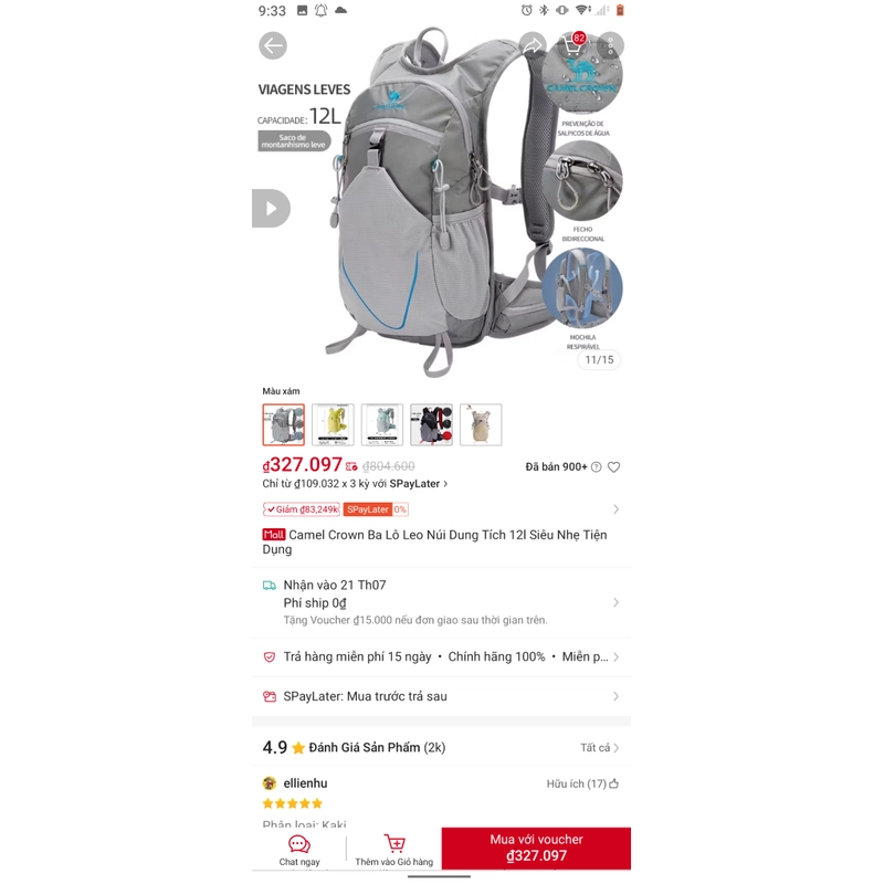Balo camel 12L màu xám hàng như mới 503705