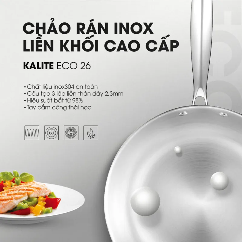 Chảo rán inox liền khối KALITE ECO26, inox 304 an toàn 795661