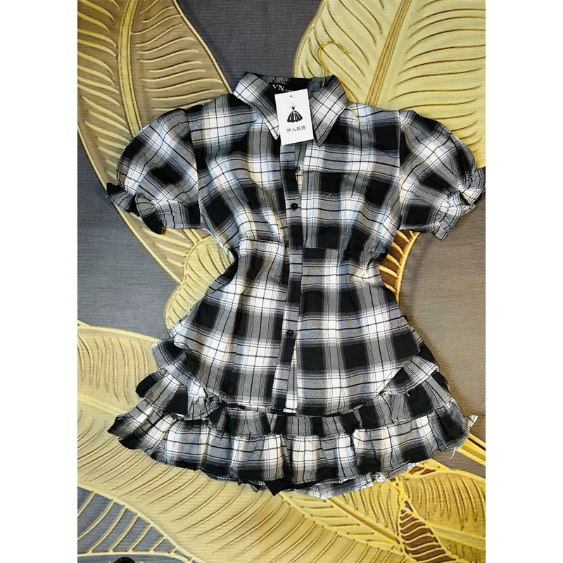 Đầm sơ mi caro dáng xòe tầng – Style cổ điển Hàn Quốc (freesize) 443467