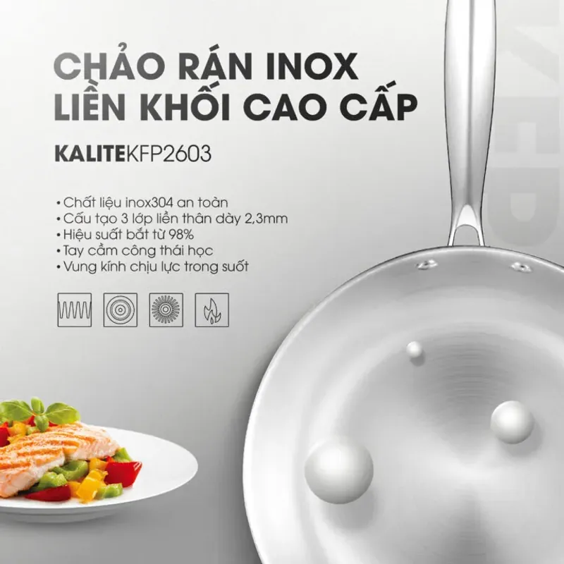 Chảo rán inox liền khối Kalite KFP2603 – Hiệu suất bắt từ 98%, nấu ngon đều nhiệt 596091