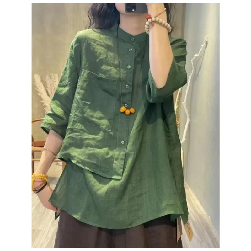 Áo Sơ Mi Vải Lanh Cotton Tay Lửng Dáng Rộng Che Phủ Bụng Phong Cách Retro Dành Cho Nữ 786463