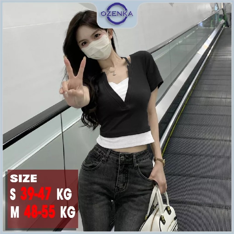 Áo croptop nữ ôm tay ngắn Ozenka màu đen trắng mặc đi học đi chơi 12417