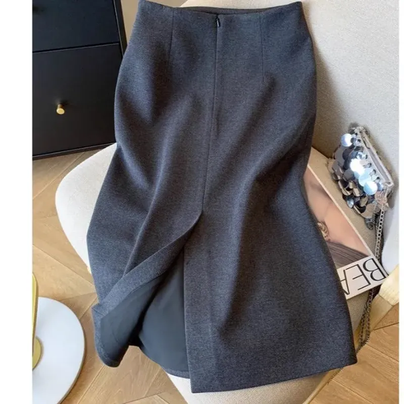 Chân váy dáng chữ A cho nữ, thanh lịch, cạp cao, xẻ tà sau, dài qua gối 740143