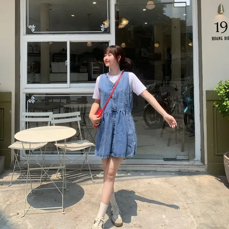 Váy yếm jean nữ Kabico dáng baybudoll, dầm yếm jean demin sát nách phong cách Hàn Quốc_Y4 785368