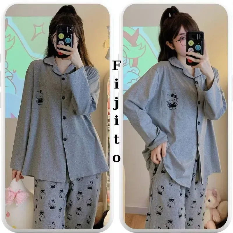 Bộ đồ ngủ pijama bộ ngủ cotton nữ dài tay in hình kitty mềm mại Quảng Châu cao cấp 597144