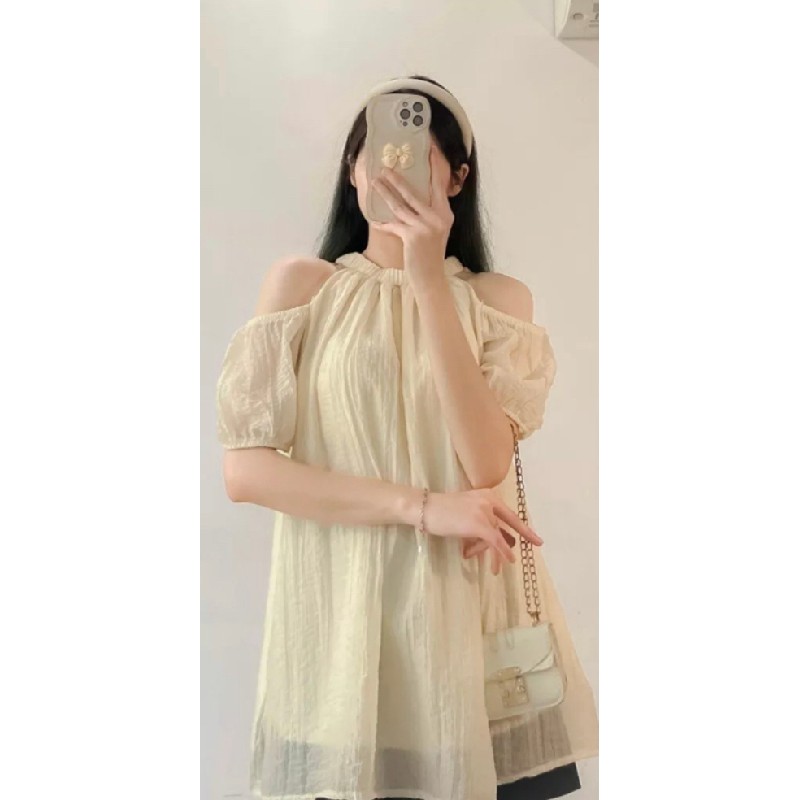 Áo tơ hàn dáng babydoll cổ yếm  15493