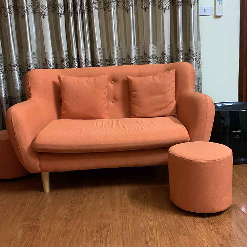 Sofa mini 1m2, 2 đôn, vải nỉ, màu cam, mới 90% 79306