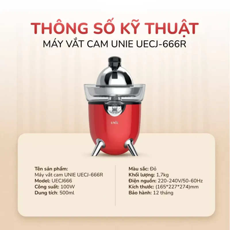 Máy vắt cam điện tự động UNIE UECJ-666R 100W — ép nhanh, chống nhỏ giọt, vận hành êm 578111