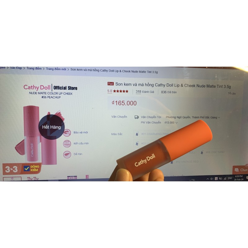 Son kem và má hồng Cathy Doll Lip & Cheek Nude Matte Tint 3.5g #06 PEACH UP 71514