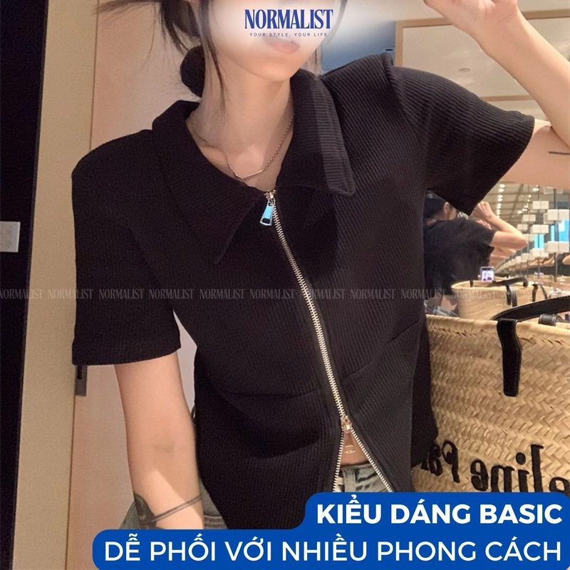 Áo croptop nữ khoá zip Normalist co giãn thoáng mát da không xù lông 315936