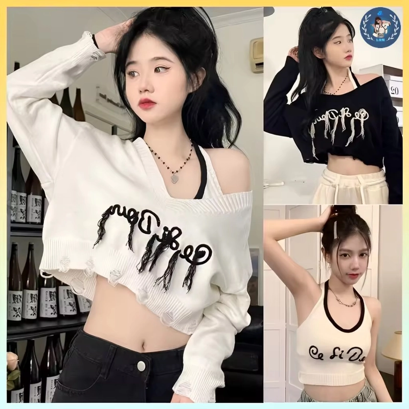 Set (2 MÓN) áo len thun Montoghi CỔ V TUA RUA tay dài kèm áo YẾM Cardigan dệt kim 496870