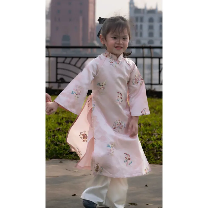 Trang phục bé gái Áo dài lụa hoa văn màu hồng phối quần trắng 956932