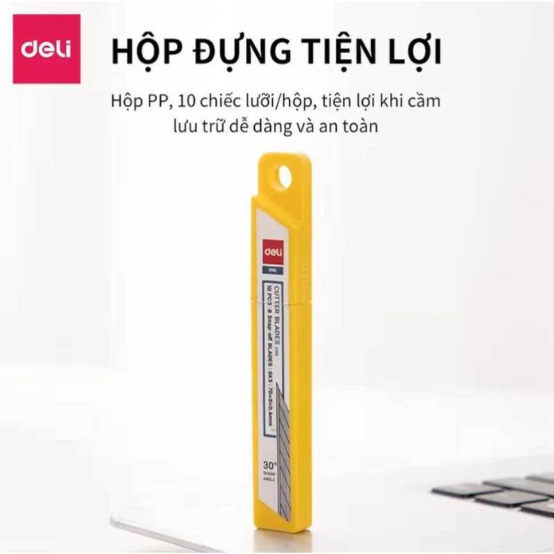 Dao rọc giấy mini Deli đầu nhọn 30 độ màu kim loại chính hãng 507509