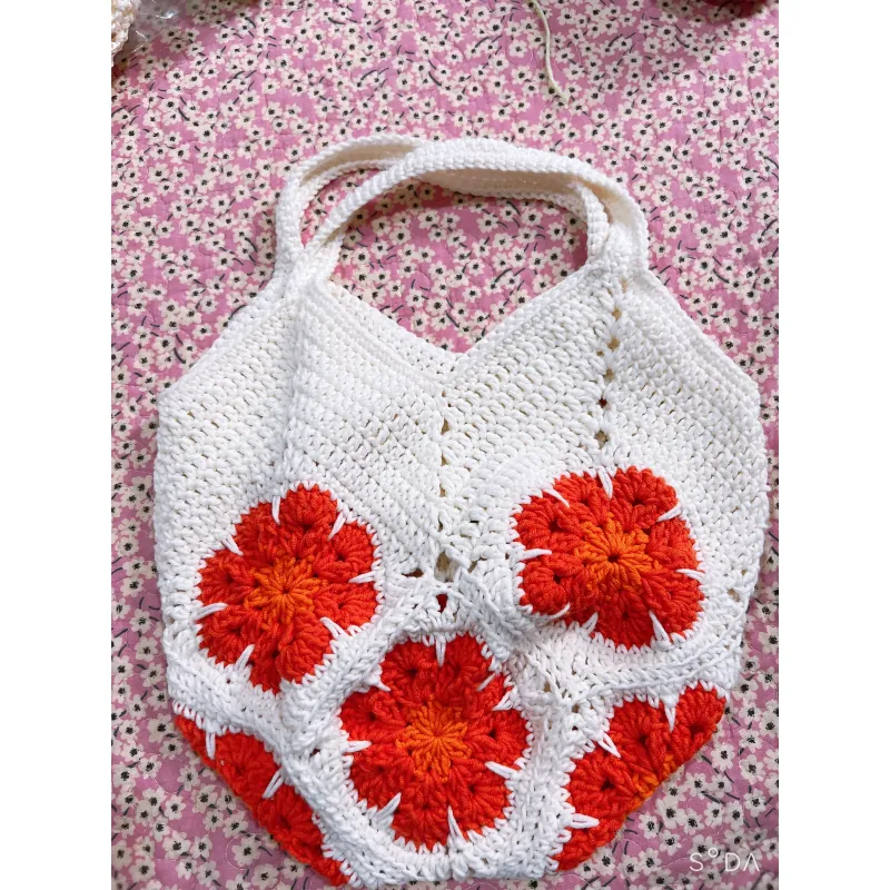 TÚI LEN MÓC TAY HOẠ TIẾT HOA PHƯỢNG ĐỎ - HANDMADE CROCHET BAG 763505