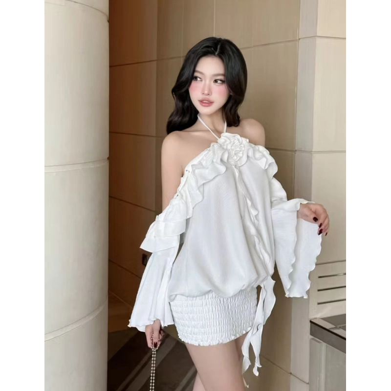 Đầm bí cổ yếm bèo nhún thun GLORIOUS chất liệu đũi vân mây hạn chế nhăn tôn dáng 532139
