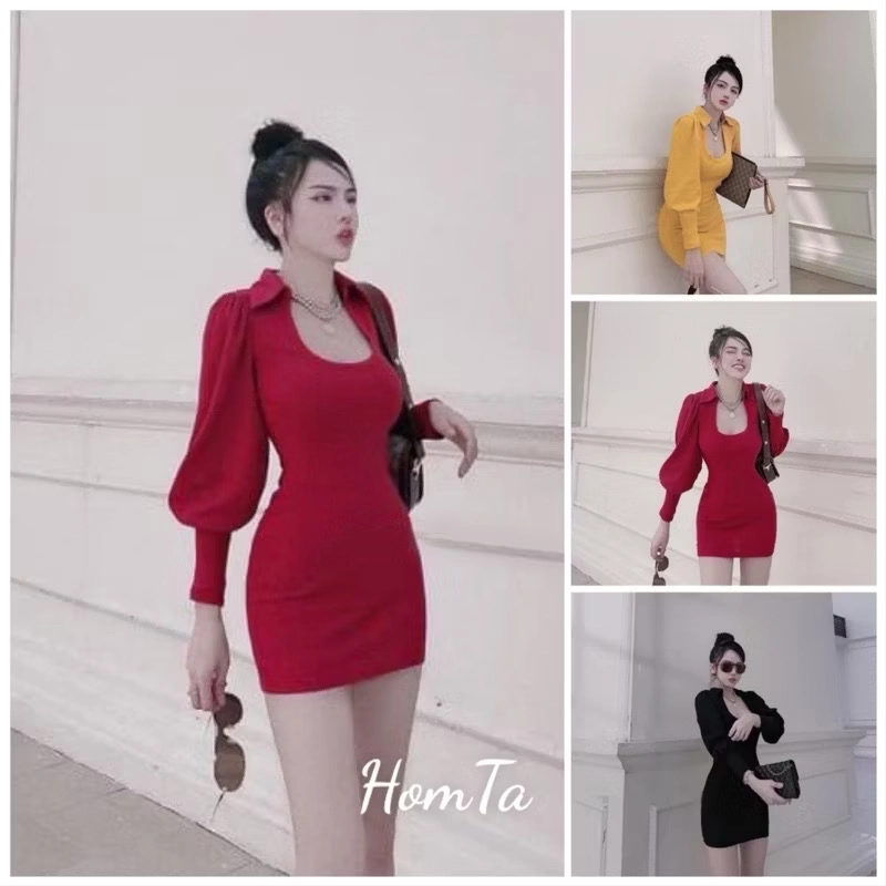 Váy thun bồng vai cổ U màu đỏ hồng rất đẹp 464028