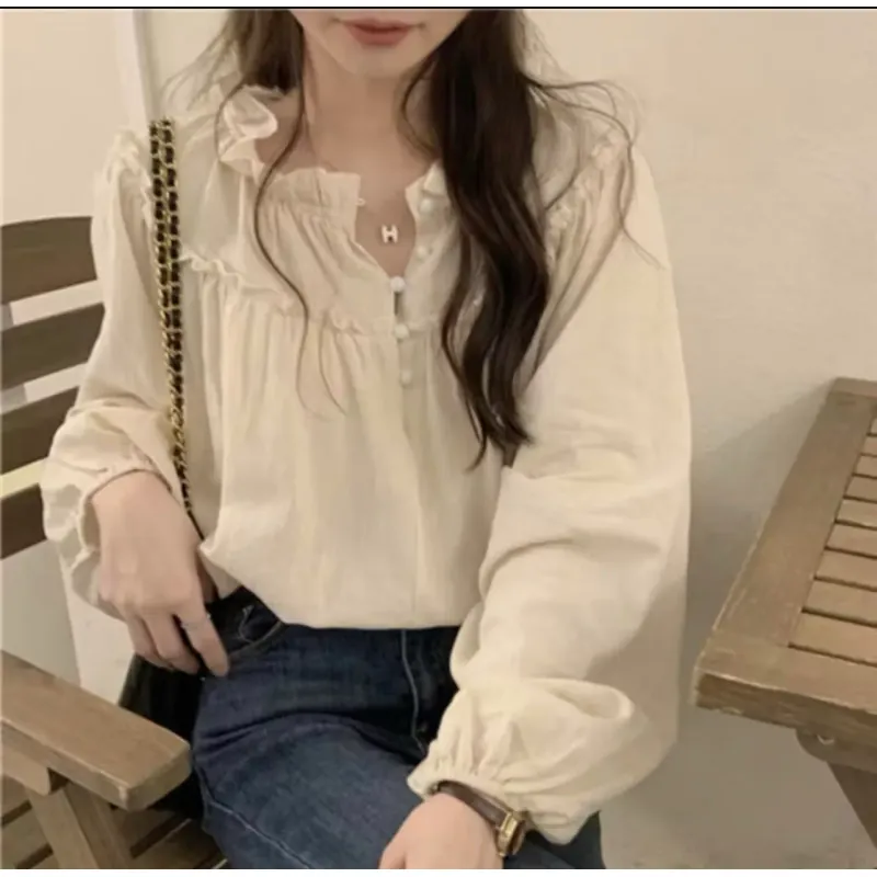 Bh Áo Tay Phồng Dài Cổ Tròn Dáng Rộng Viền Gỗ vintage Cho Nữ 995028