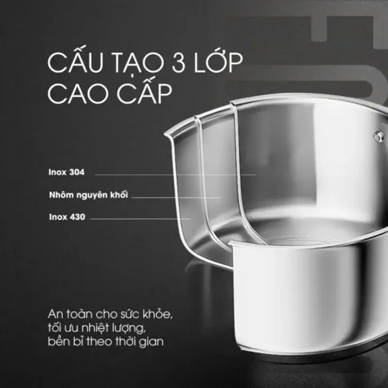 Bộ nồi chảo inox liền khối KALITE ECO Trio, inox 304 an toàn, cấu trúc 3 lớp, bắt từ tốt 931512