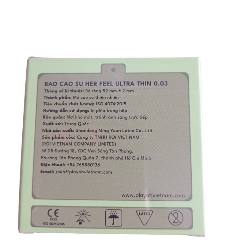 Bao cao su PlayAh Her Feel Ultra Thin 0.03 Hộp 3 Size 52mm Siêu Mỏng Nhiều Gel Cao Cấp 180780