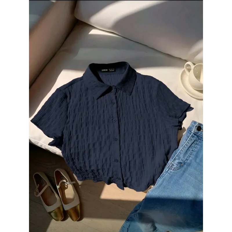 Áo sơ mi dáng croptop xanh dương đậm tay ngắn 608935