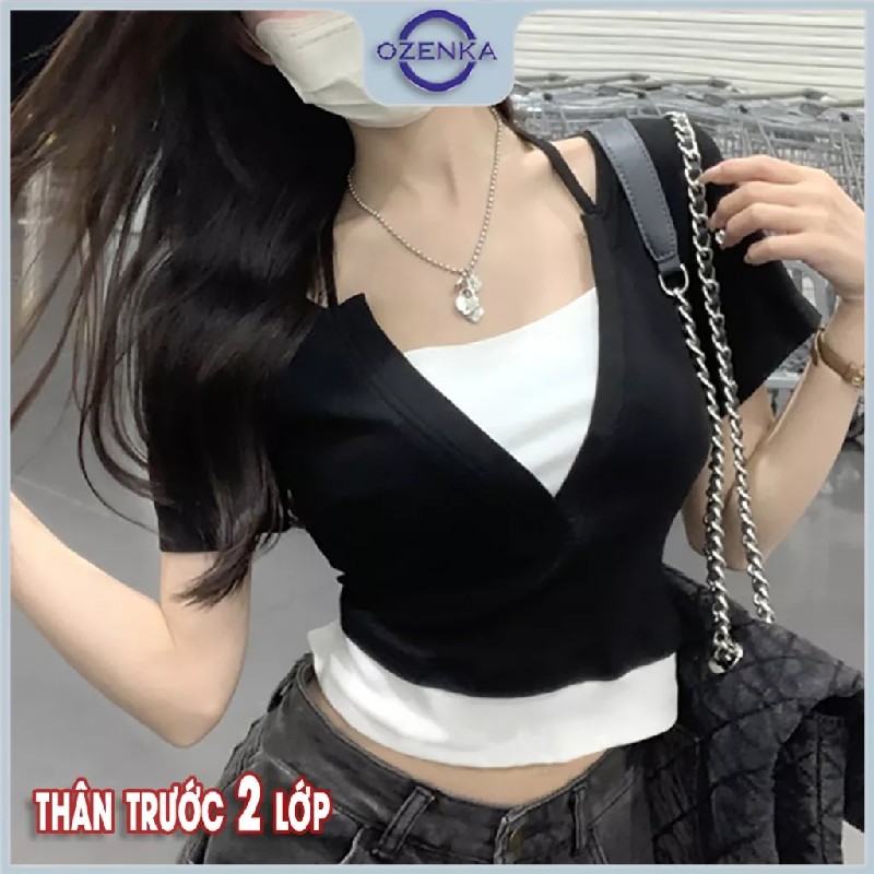 Áo croptop nữ ôm tay ngắn Ozenka màu đen trắng mặc đi học đi chơi 12417