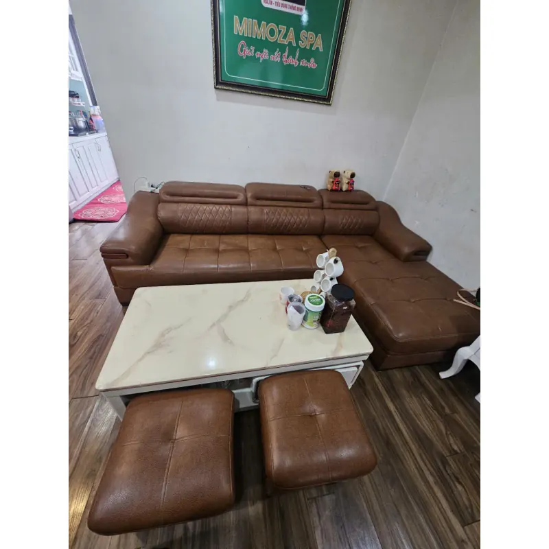 bộ sofa góc chữ L, bọc giả da bò kích thước 3 x2 m ghế. gồm ghế, bàn, 2 đôn 1031805