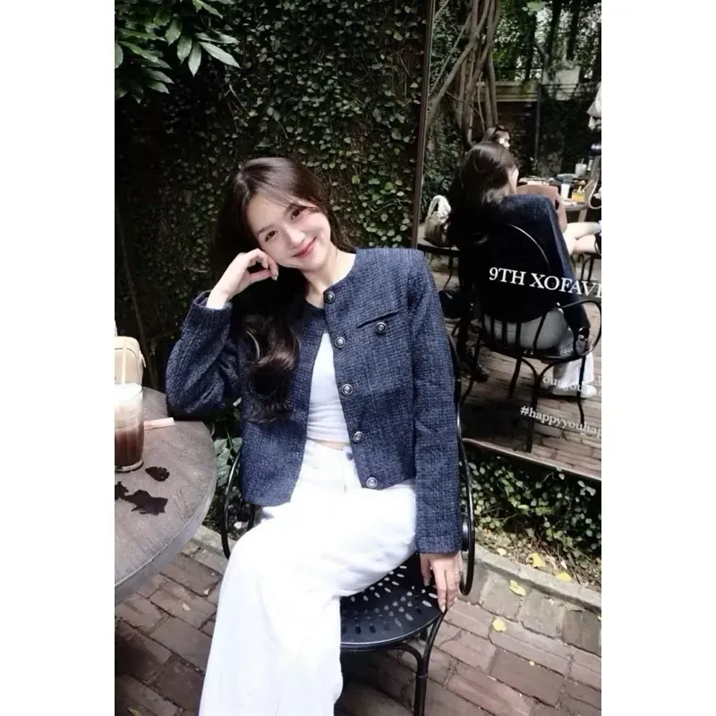 Áo khoác dạ Tweed lửng 2 lớp, đệm vai, form dáng rộng, cúc đồng 970106