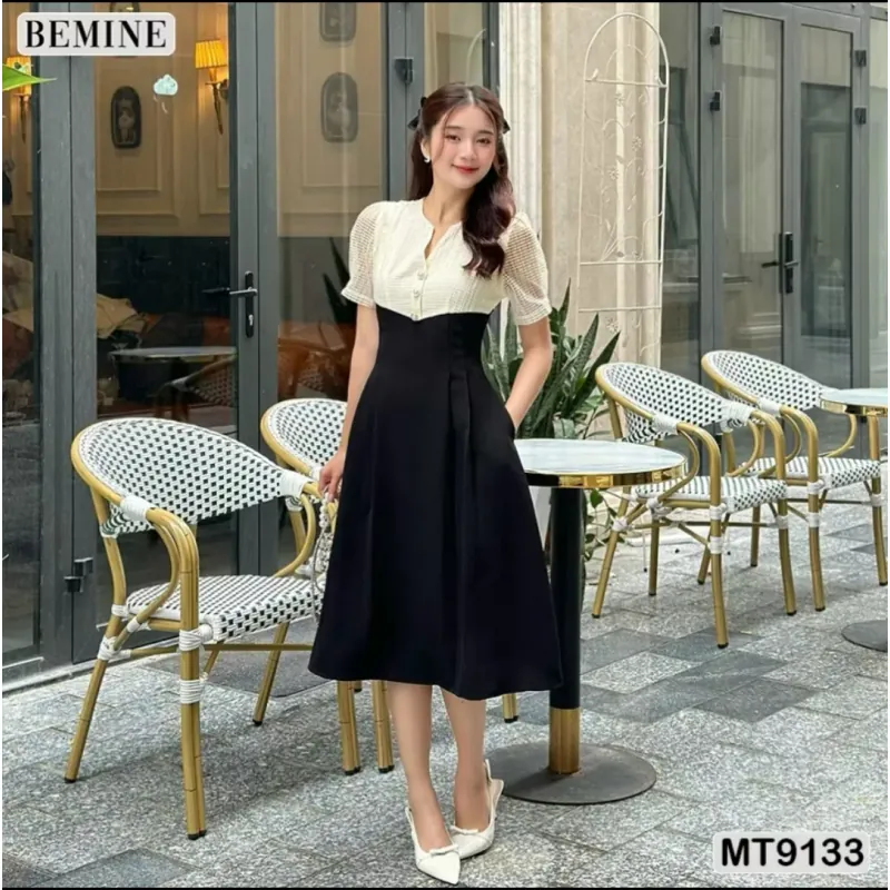 Đầm thiết kế cổ V phối lưới eo đính ngọc dáng xếp ly BEMINE MT9133 753369
