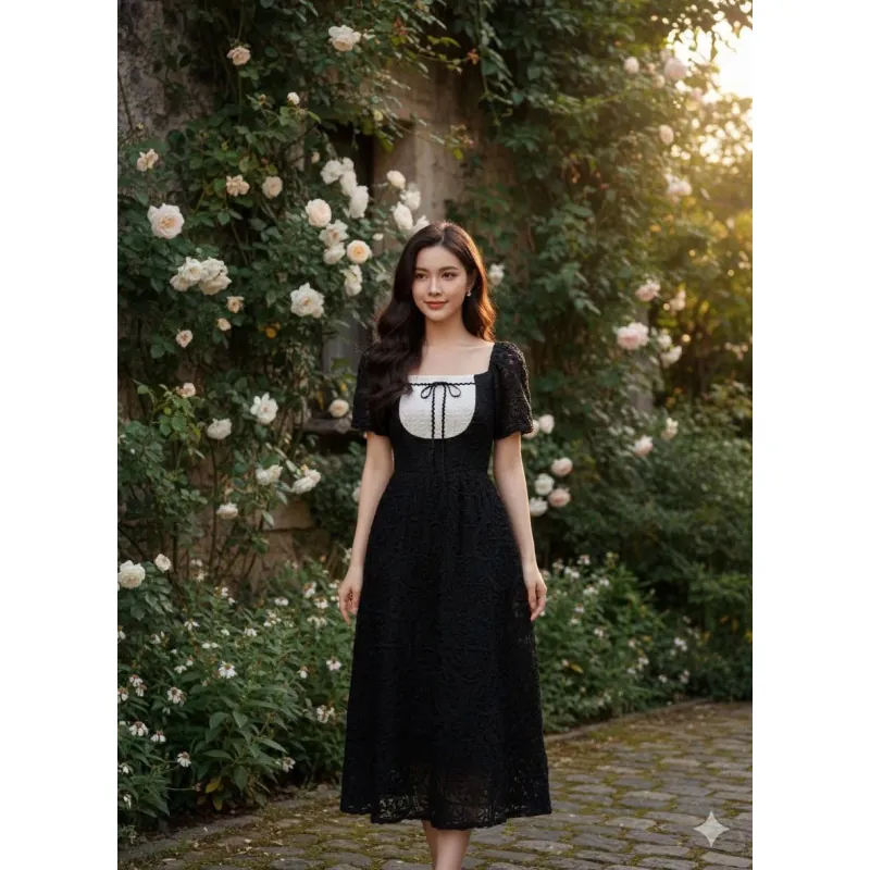 Váy Ren Đen Phối Trắng Vintage 1001214