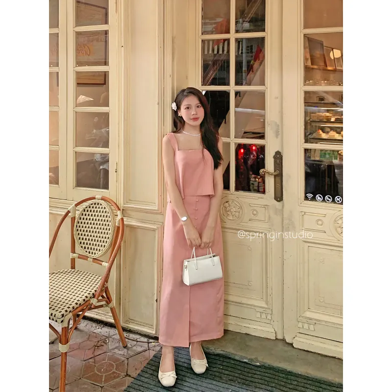 Set áo ngắn váy ôm dài màu hồng 779720