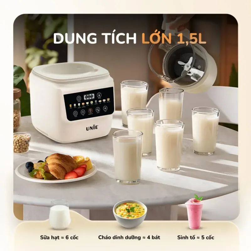 Máy làm sữa hạt UNIE UCB15 dung tích 1.5L, giảm ồn 30%, 10 chức năng nấu 798105