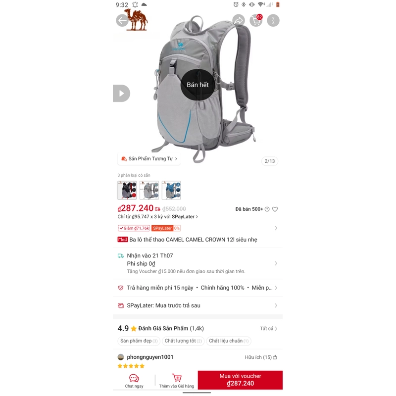 Balo camel 12L màu xám hàng như mới 503705
