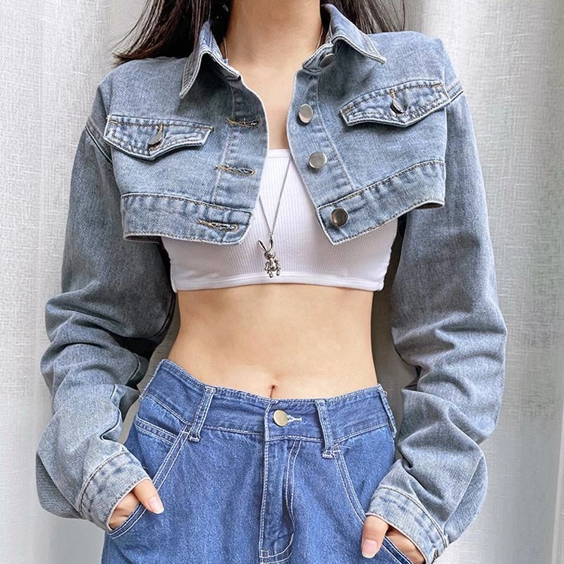 Áo Khoác Denim Phong Cách Hong Kong Cá Tính Cho Nữ Thiết Kế Siêu Ngắn Dễ Phối Đồ 498201
